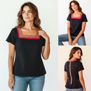 LOFT Ann Taylor Color Block Blouse Square Neck Zipper Back Short Sleeve